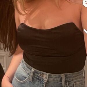 BLUE BLUSH BLACK SATIN STRAPLESS COWEL NECK CORSET TOP